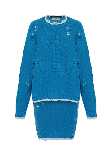 Синий вязаный комплект из свитера и юбки-миди, 1