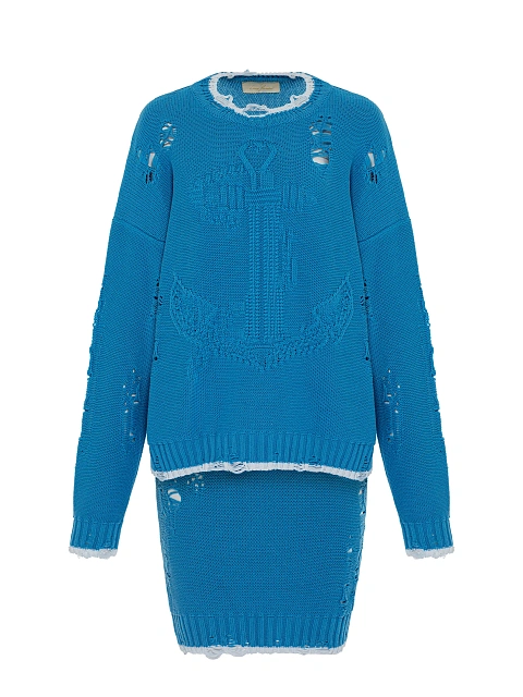 Синий вязаный комплект из свитера и юбки-миди, 1 Синий вязаный комплект из свитера и юбки-миди, 1