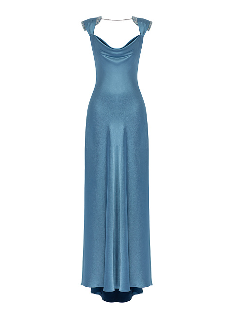 Синее платье-макси из шелка со стразами, 1