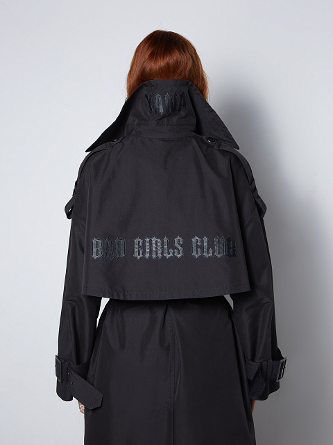 Черный двубортный тренч из хлопка с отделкой из кожи, 7