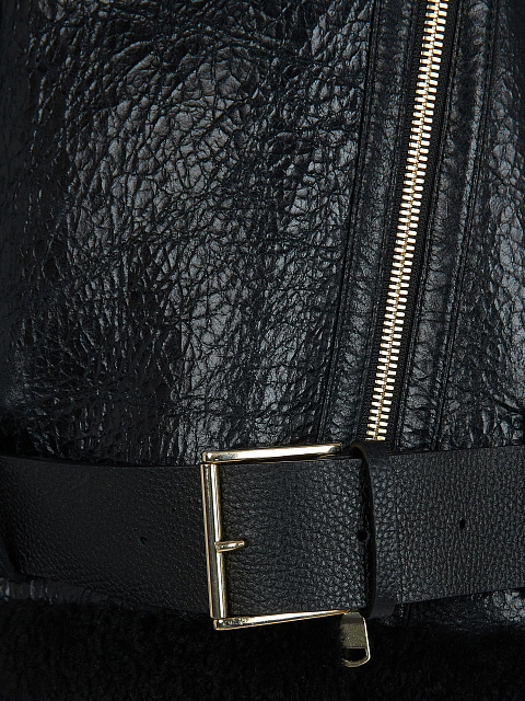 Объемная черная дубленка из овчины с ремнем, 3