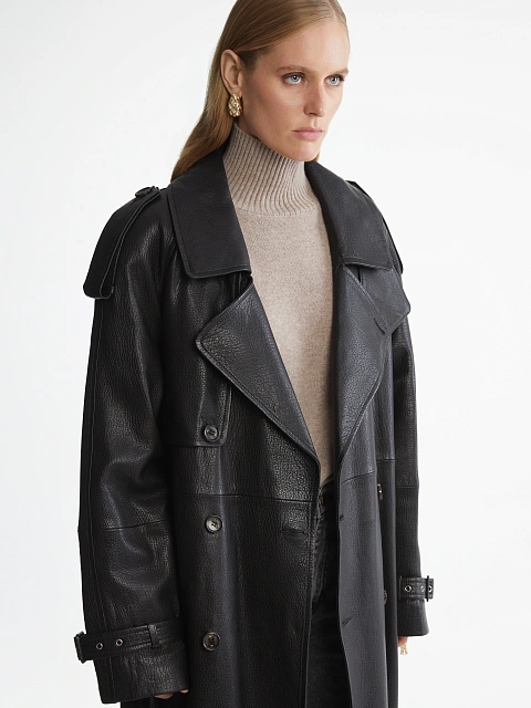 Черный двубортный тренч из фактурной кожи, 11