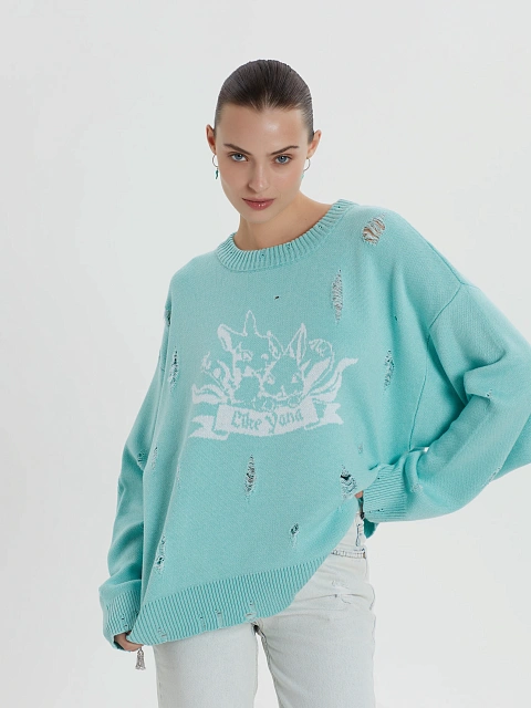 Мятный свитер из хлопка с принтом и дырками, 2