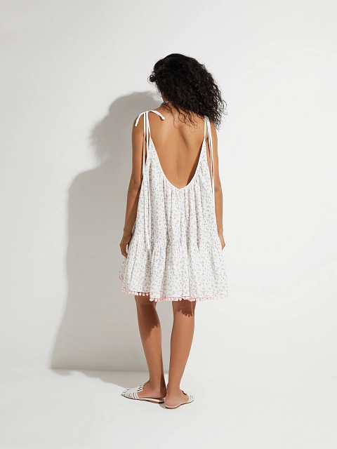 Белое платье-мини из муслина с розовым принтом и открытой спиной, 7