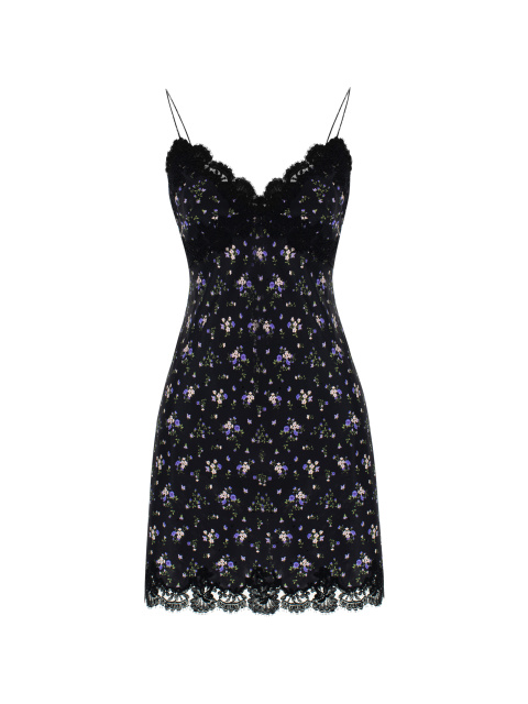 Черное платье-мини из шелка с цветочным принтом и кружевом, 1