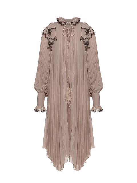 Бежевое платье-миди из гофрированного шифона, 1