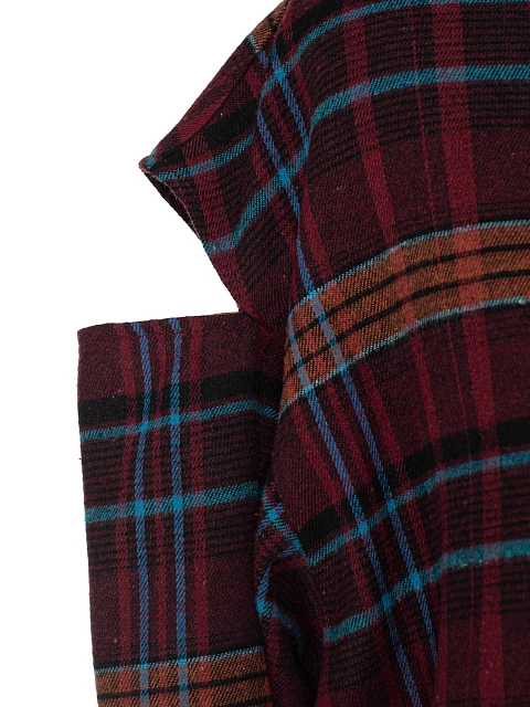 Бордовая рубашка в клетку с разрезами на плечах, 4