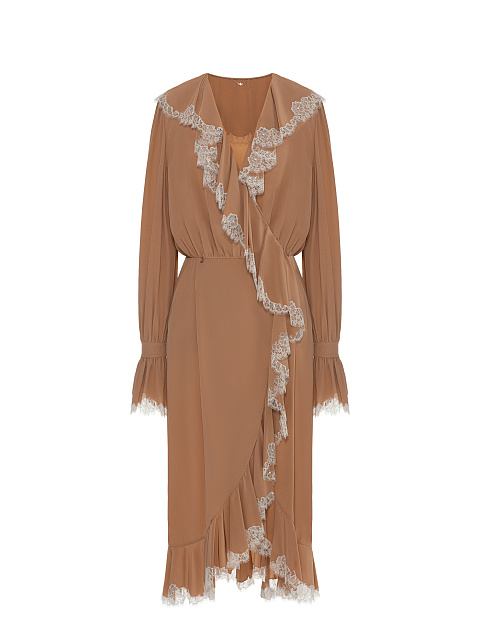 Бежевое платье-миди из шелка с белыми рюшами, 1