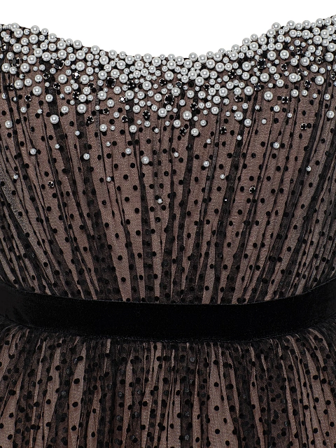 Черное платье-макси из фатина в горошек с жемчугом и кристаллами, 4