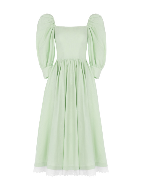 Зеленое хлопковое платье-миди с вырезом-каре, 1