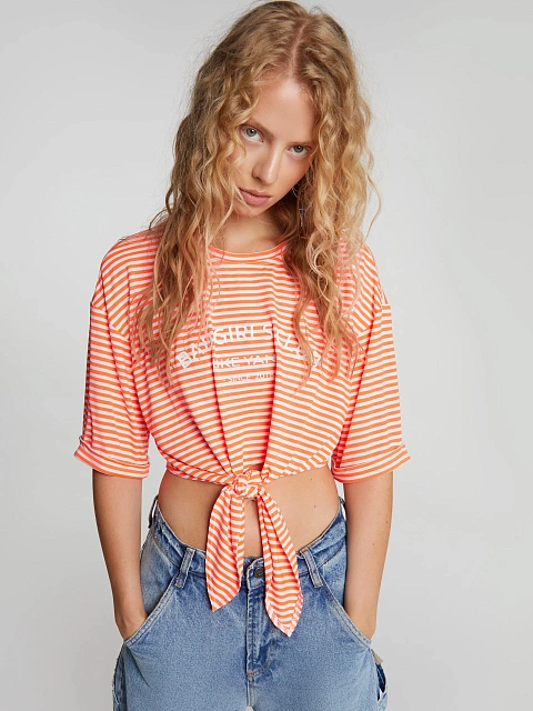 Укороченная оранжевая футболка в полоску с завязками, 2