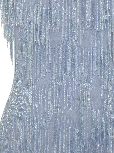 Голубое платье-мини из шифона с бахромой из бисера, 3