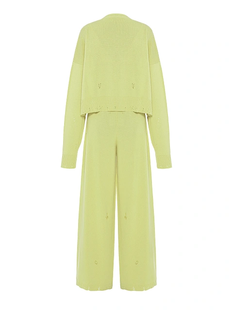 Салатовый вязаный комплект из кардигана, топа и брюк, 3