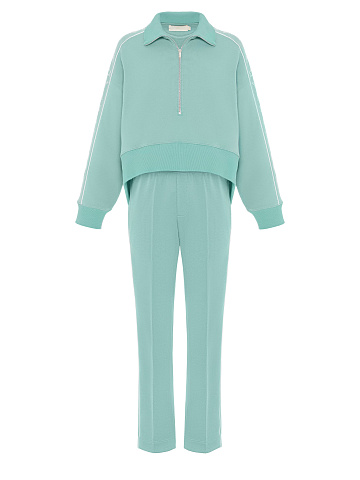 Мятный костюм с укороченной толстовкой и вышивкой, 1