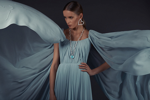 Серо-голубое платье-макси из шифона с драпировкой, 4 Серо-голубое платье-макси из шифона с драпировкой, 4