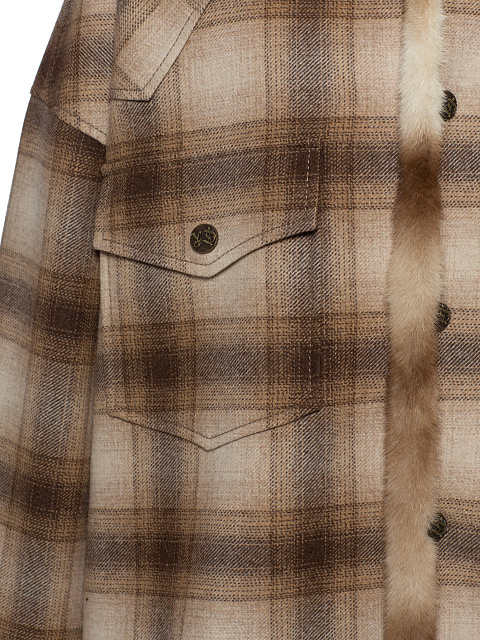 Бежевая куртка в клетку с подкладом из норки, 3