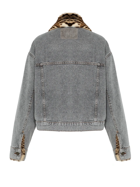 Серая укороченная джинсовая куртка с подкладом из меха дикой кошки, 2