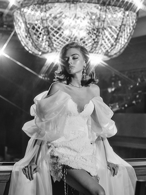 Белое кружевное платье-мини с рукавами из органзы, 6 Белое кружевное платье-мини с рукавами из органзы, 6