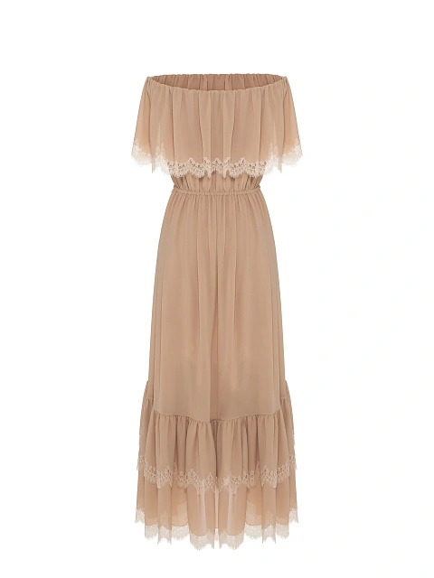Бежевое платье-миди из шифона с кружевом, 2