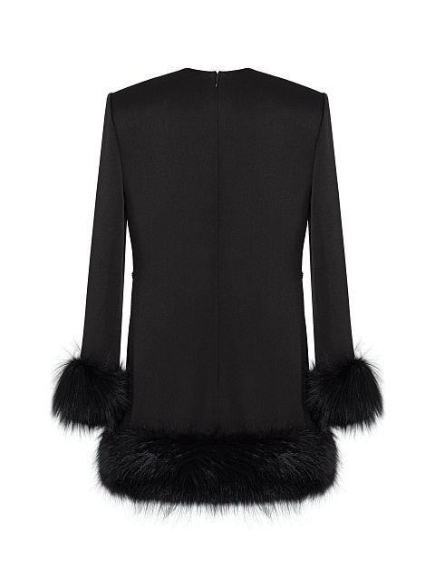 Черное платье-мини с кружевом и мехом, 2