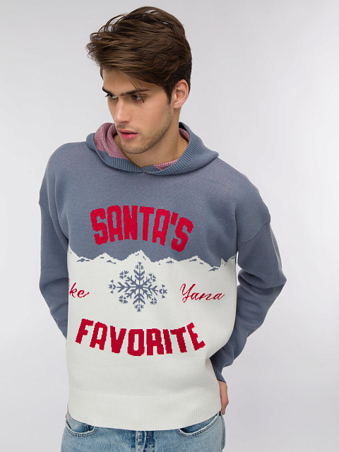 Мужской серо-белый свитер с капюшоном Santa's Favorite, 4 Мужской серо-белый свитер с капюшоном Santa's Favorite, 4