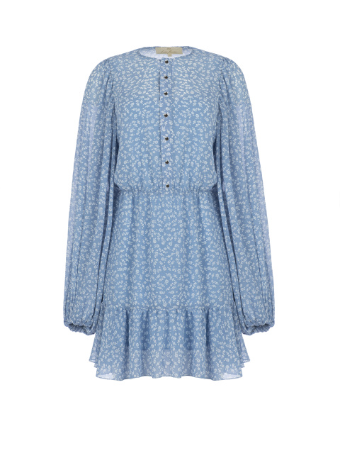 Голубое платье-мини из вискозы с цветочным принтом, 1