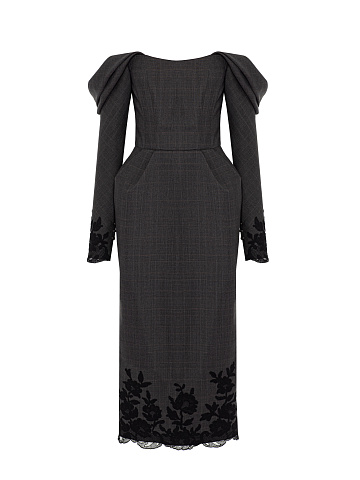 Темно-серое платье-миди из шерсти с кружевом, 1