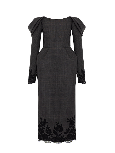 Темно-серое платье-миди из шерсти с кружевом, 1