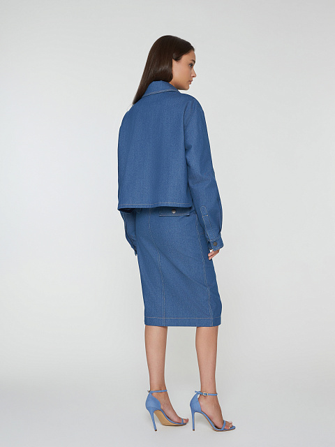 Темно-синий костюм с юбкой-миди из денима, 10