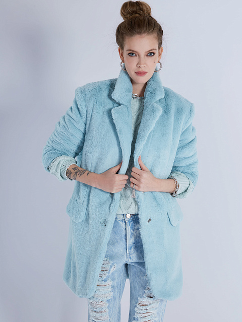Бирюзовый однобортный жакет из эко-меха, 5