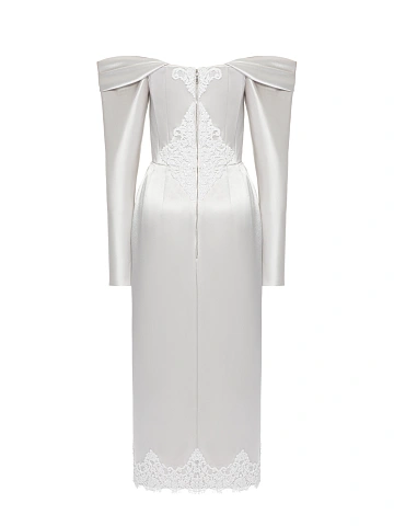 Светло-серое платье-миди из шелка с кружевом, 2