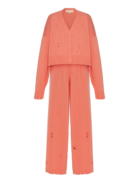 Коралловый вязаный комплект из кардигана, топа и брюк, 2