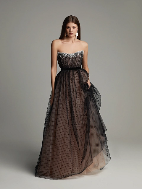 Черное платье-макси из фатина в горошек с жемчугом и кристаллами, 6
