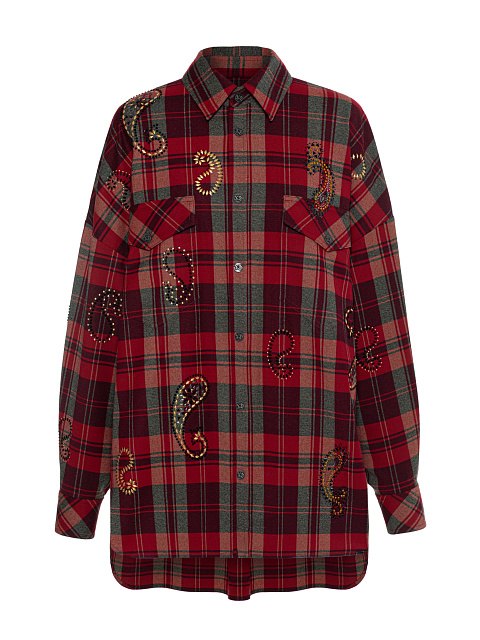 Объемная бордовая рубашка в клетку с узором пейсли и стразами, 1