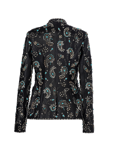 Черный кожаный жакет с вышивкой бирюзой и камнями, 2