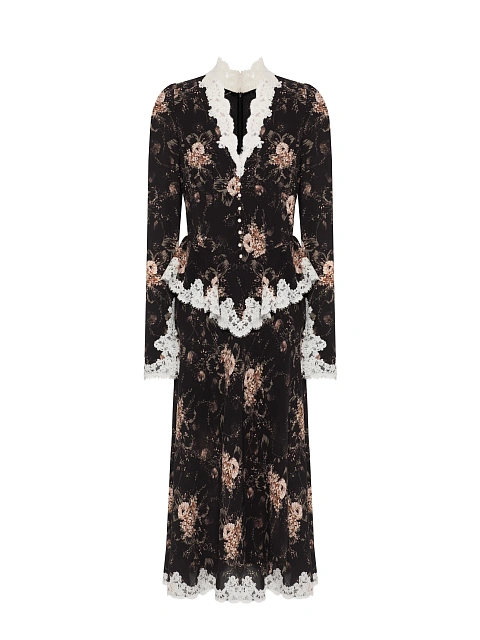 Черное платье-миди с цветочным принтом и белым кружевом, 1