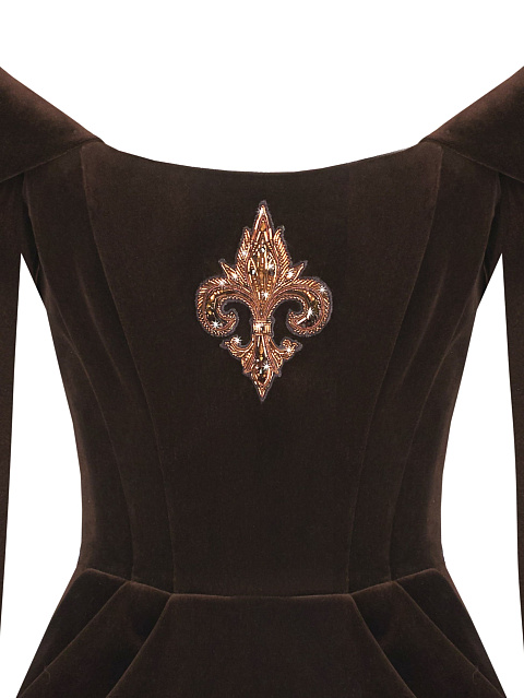 Коричневое бархатное платье-мини с вышивкой, 3