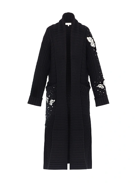 Черное вязаное пальто из кашемира с декором из меха норки, 3