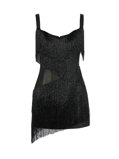 Черное кожаное платье-мини с бахромой из бисера, 1