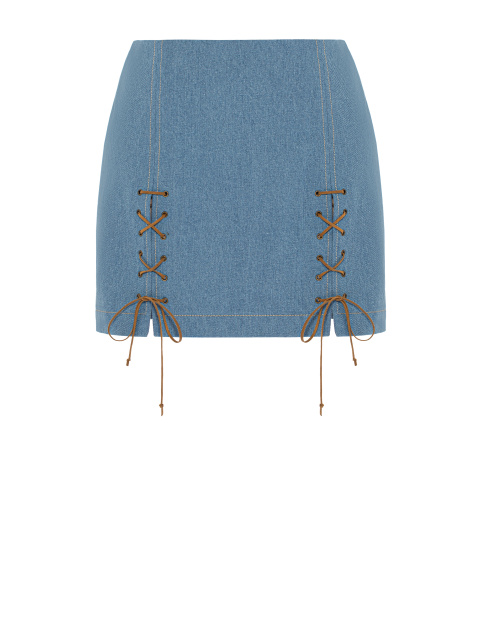Голубая юбка-мини из денима с декоративной шнуровкой, 1