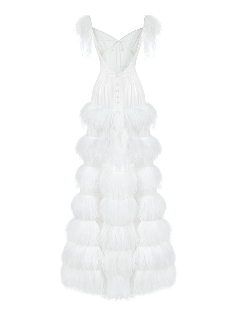 Белое шифоновое платье с отделкой из перьев, 2