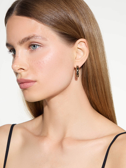 Маленькие хупсы из желтого золота с эмалью Black Color, 2 Маленькие хупсы из желтого золота с эмалью Black Color, 2