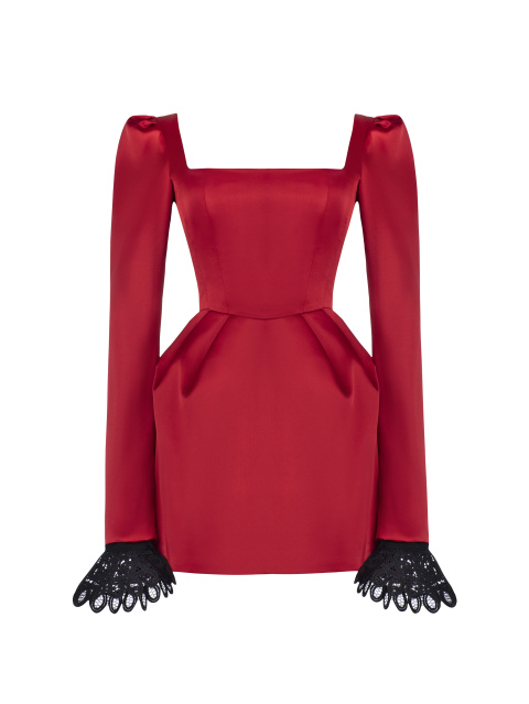 Красное платье-мини с вырезом каре, 1