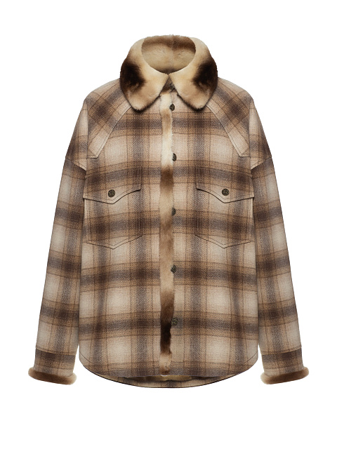 Бежевая куртка в клетку с подкладом из норки, 1