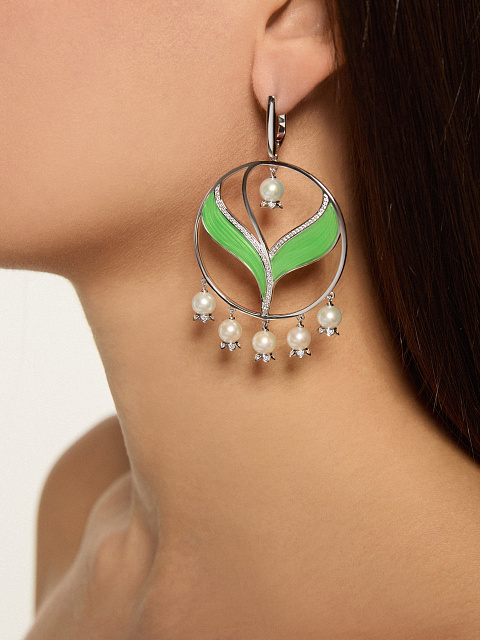 Хупсы из белого золота с жемчугом и бриллиантами, 2 Хупсы из белого золота с жемчугом и бриллиантами, 2