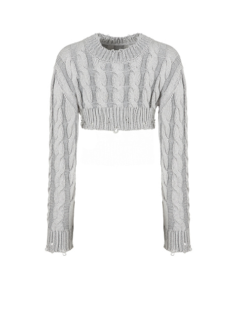 Светло-серый кроп-свитер с косами и разрывами, 1