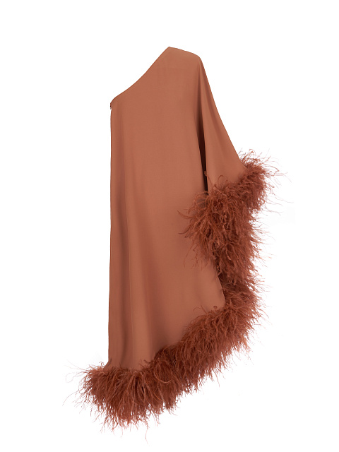 Коричневое асимметричное платье-миди с боа, 1 Коричневое асимметричное платье-миди с боа, 1