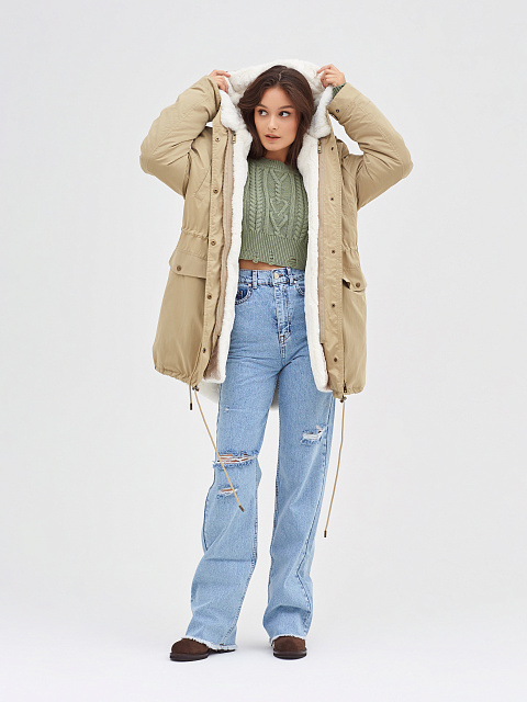 Бежевая парка из плащевки с эко-мехом, 7