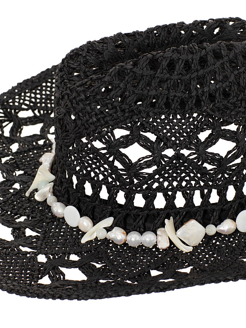 Черная соломенная шляпа с декором из перламутра, берилла и лунного камня, 4 Черная соломенная шляпа с декором из перламутра, берилла и лунного камня, 4