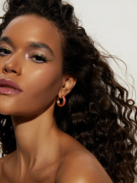 Маленькие хупсы из розового золота с розовой эмалью, 2 Маленькие хупсы из розового золота с розовой эмалью, 2